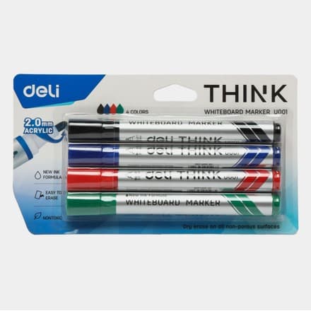 DELI Think EU00101 набор из 4 маркеров для белой и магнитной доски – bullet‑tip 2 mm, 300 m письма, нетоксичный, низкий запах, PP материал