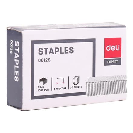 Скобы Deli 0012S 24/6 – 12 mm корона, 6 mm ножка, 0,6 mm проволока, 100 шт, цинковое покрытие, для бумаги 80 g/м², офис, школа