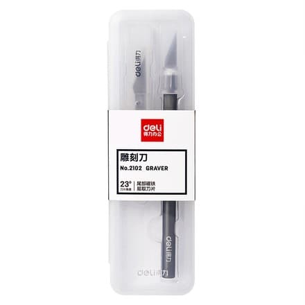 Deli 2102 gravirovka pichog'i – 148 mm po'lat pichoq, 10 ta almashinuvchi, ergonomik rezina tutqich, ofis va ijodiy ishlar uchun, qog'oz, karton, plas