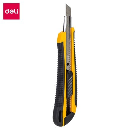 Deli E2039 0,5×18×100 mm segmentli kancelarskiy no‘z – auto‑lock, ABS+TPE tutqich, sariq/black, ofis, maktab, uy uchun